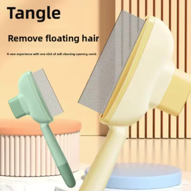 Two self-cleaning pet grooming brushes in cream and green, featuring metal teeth and an ergonomic handle design.