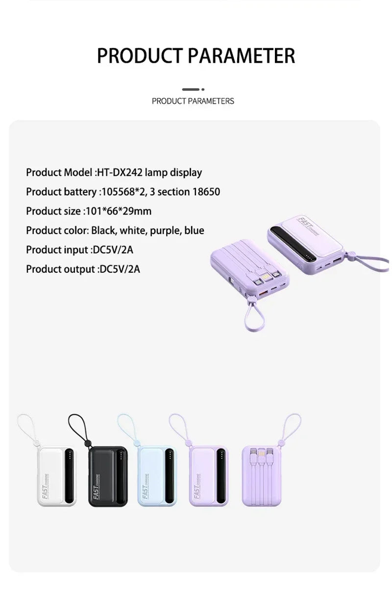 Compact, portable power banks with built-in cables and carry loops, available in black, white, blue, and purple.