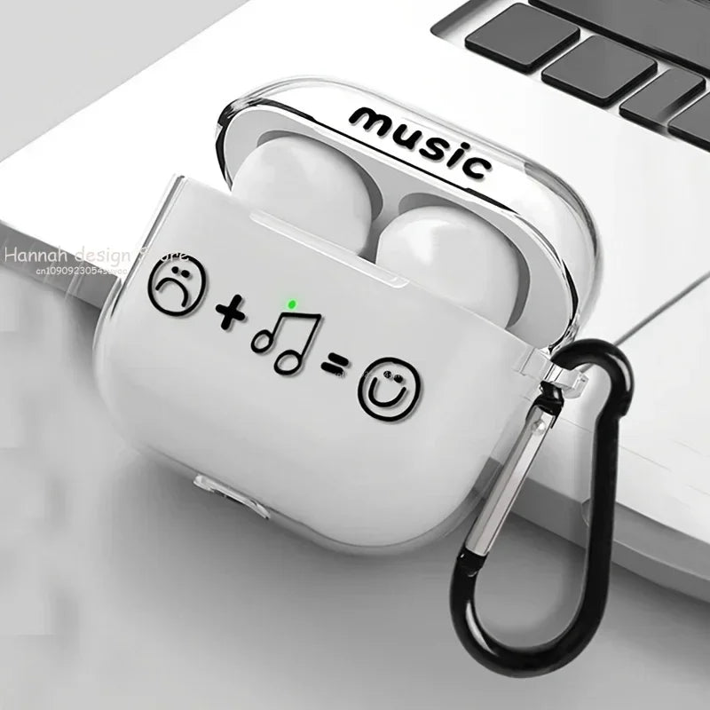 Clear protective case for AirPods with music-themed graphic, including a black carabiner clip.