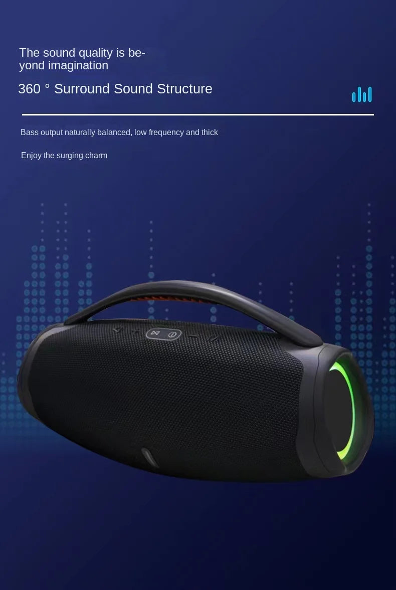 Black, portable 100W Bluetooth speaker with an integrated carry handle and glowing green RGB light ring.