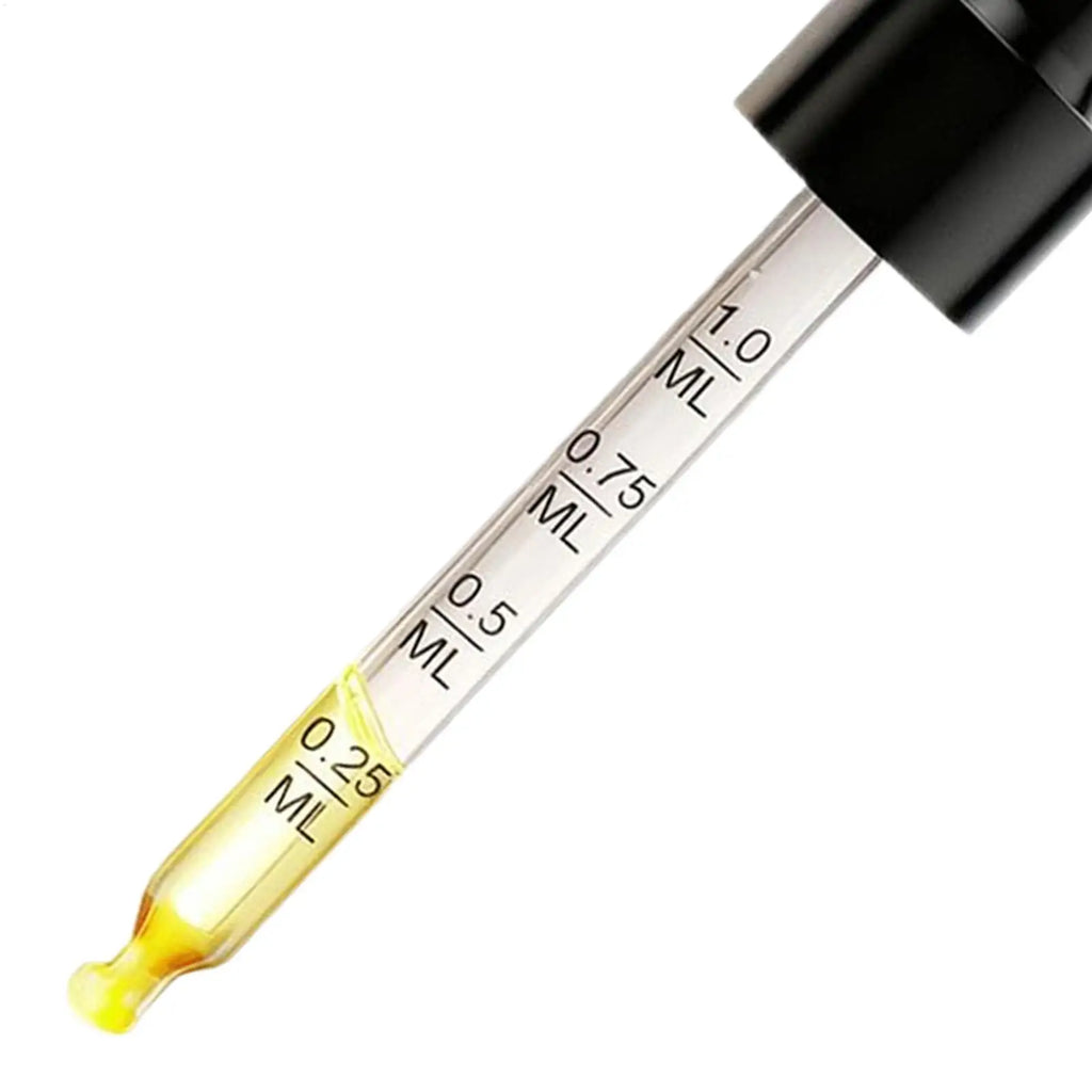 Glass dropper with black cap and clear measurement markings (0.25ml to 1.0ml), containing a yellow liquid.