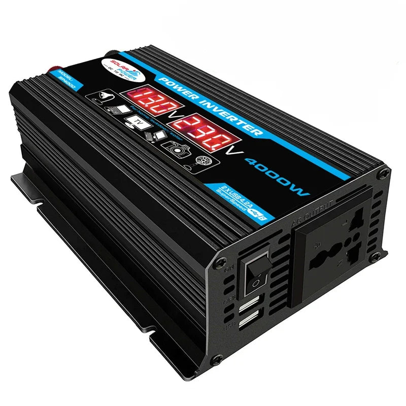 Black 4000W car power inverter with a digital display, two USB ports, and a universal AC outlet.