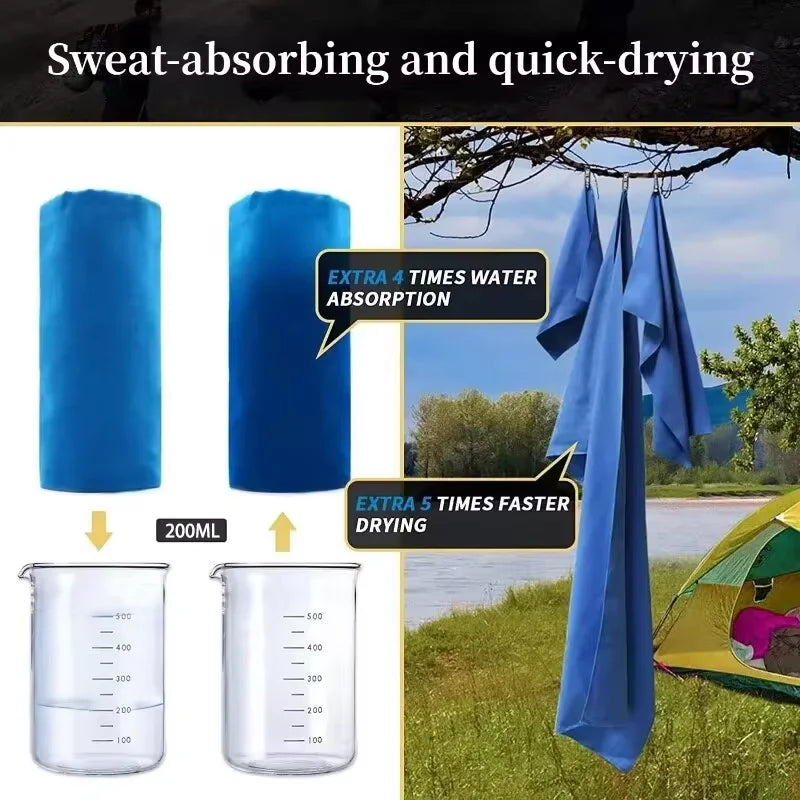 Blue microfibre quick-dry travel towel hanging outdoors, with a diagram showing its high water absorption.
