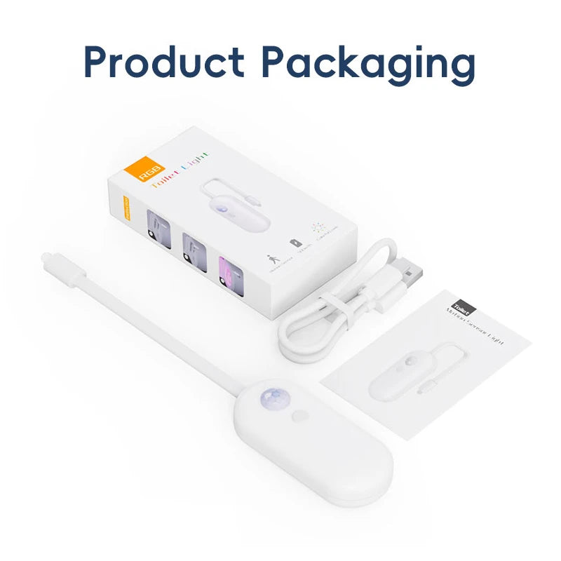 White USB rechargeable motion sensor toilet light, showing packaging, charging cable, and user manual.