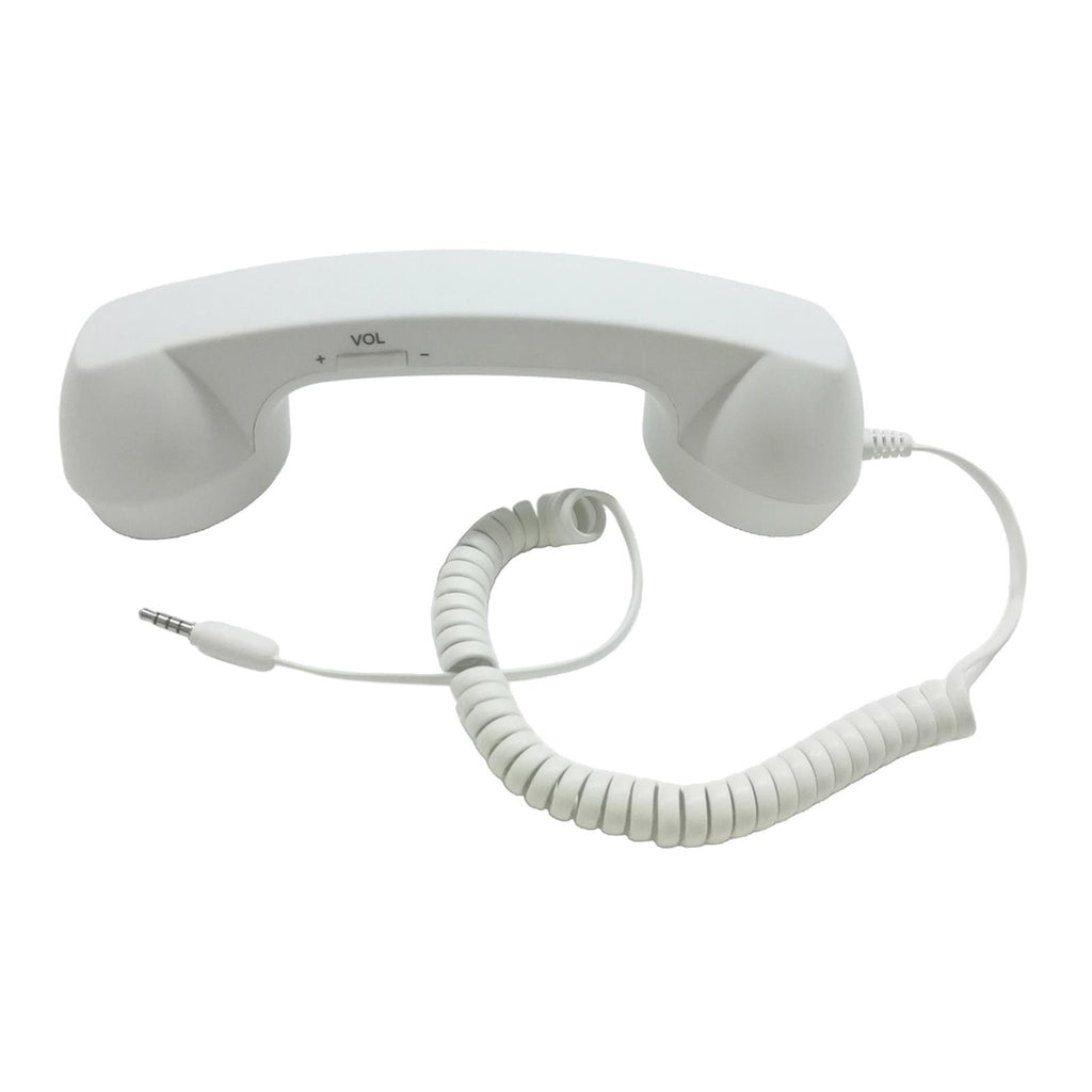 White retro-style telephone handset with a coiled cord, 3.5mm jack, and volume control buttons on the handle.