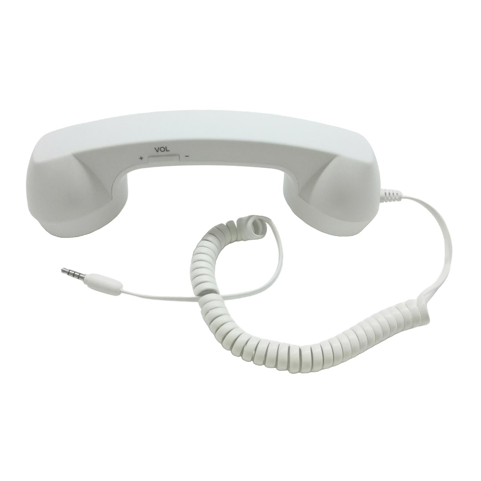 White retro-style telephone handset with a coiled cord, 3.5mm jack, and volume control buttons on the handle.