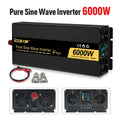 Black 6000W pure sine wave power inverter with LCD display, twin AC sockets, cables, and terminals.