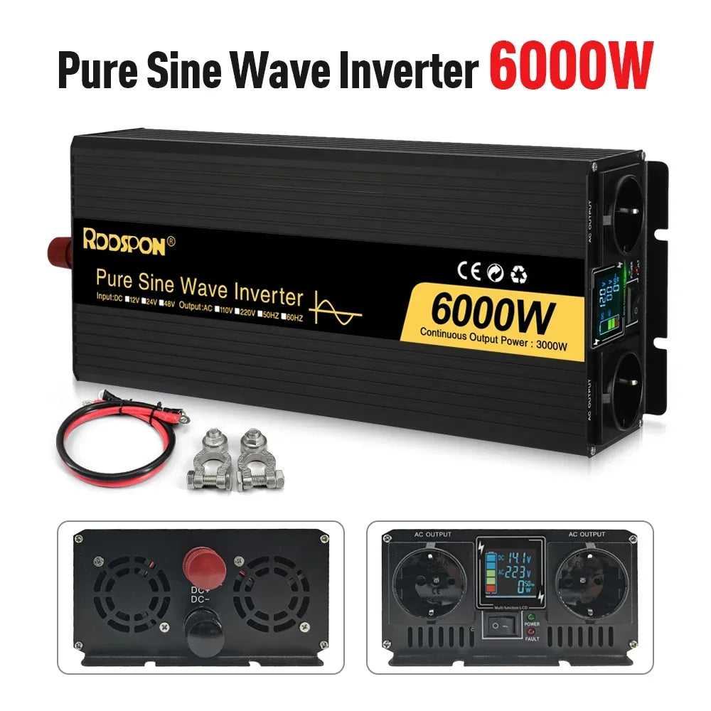 Black 6000W pure sine wave power inverter with LCD display, twin AC sockets, cables, and terminals.