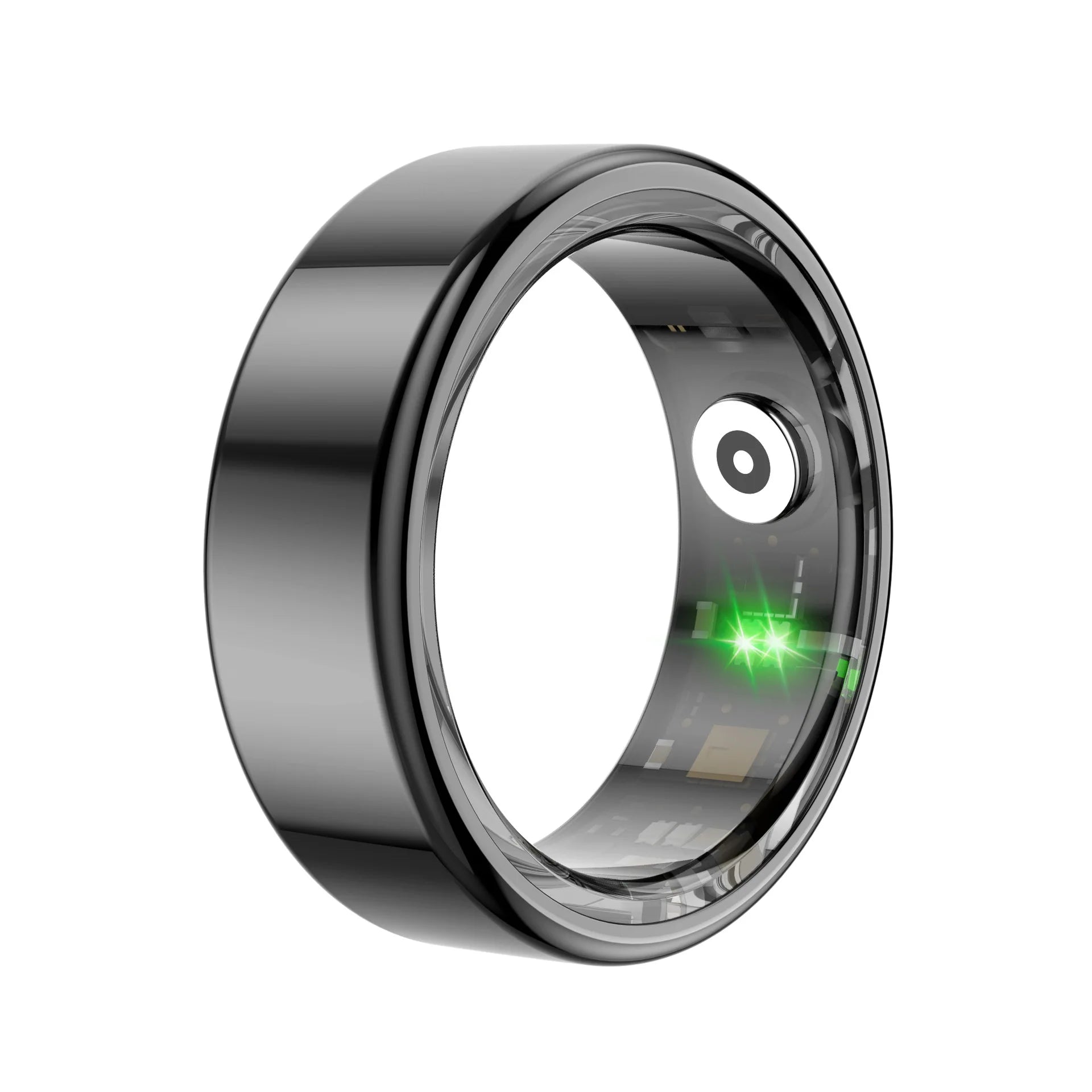 Sleek, polished black smart health-tracking ring showing interior biometric sensors and a glowing green light.