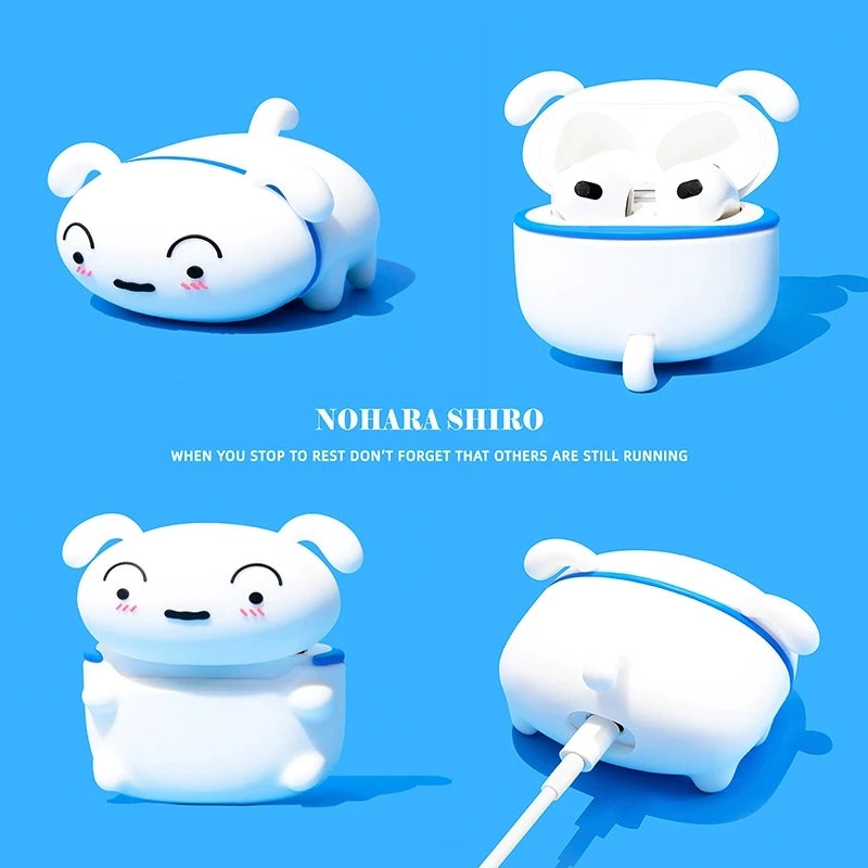 White Shiro silicone AirPods 3 case, designed as a cartoon dog with blue trim, shown from multiple angles.