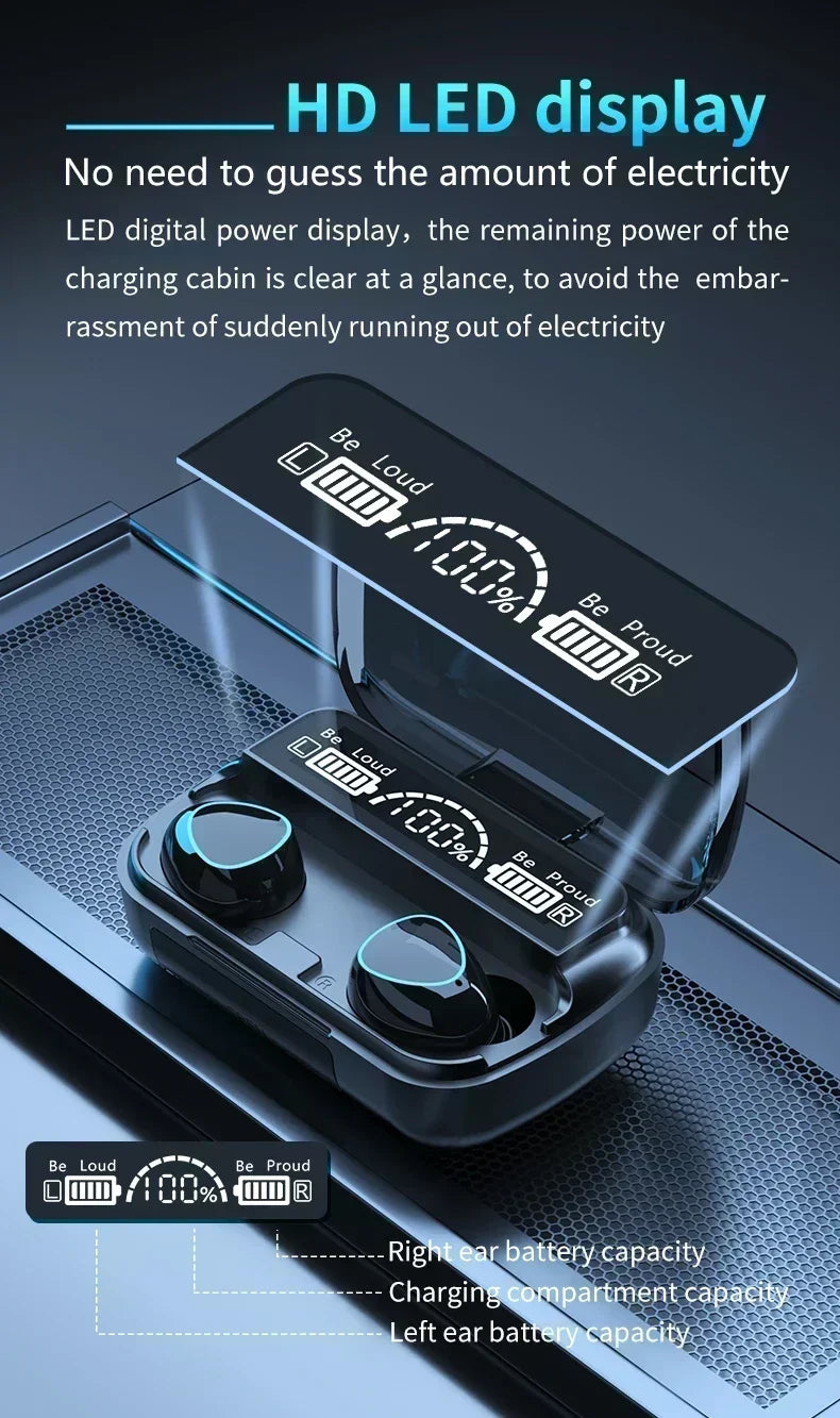 Black wireless earbuds in a charging case with a digital LED battery display screen showing percentage and status.