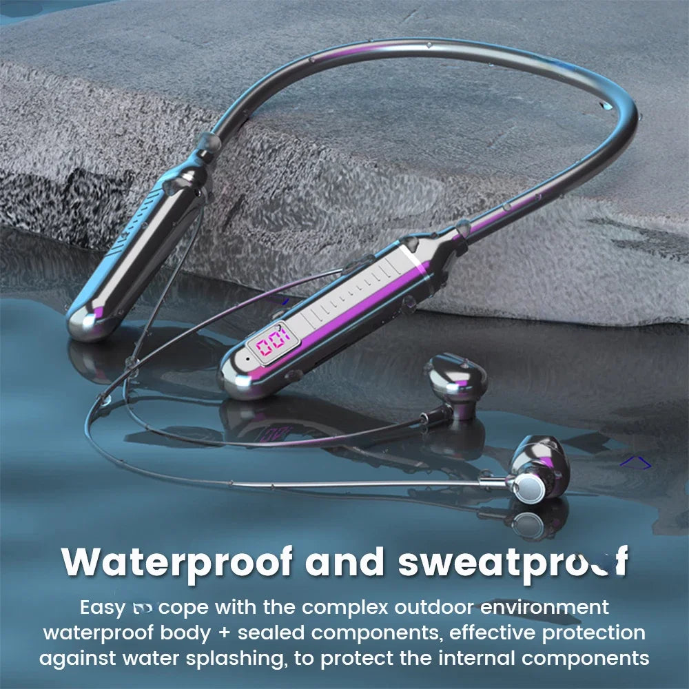 Sleek silver wireless neckband earphones featuring an LED digital display, resting on a wet surface.