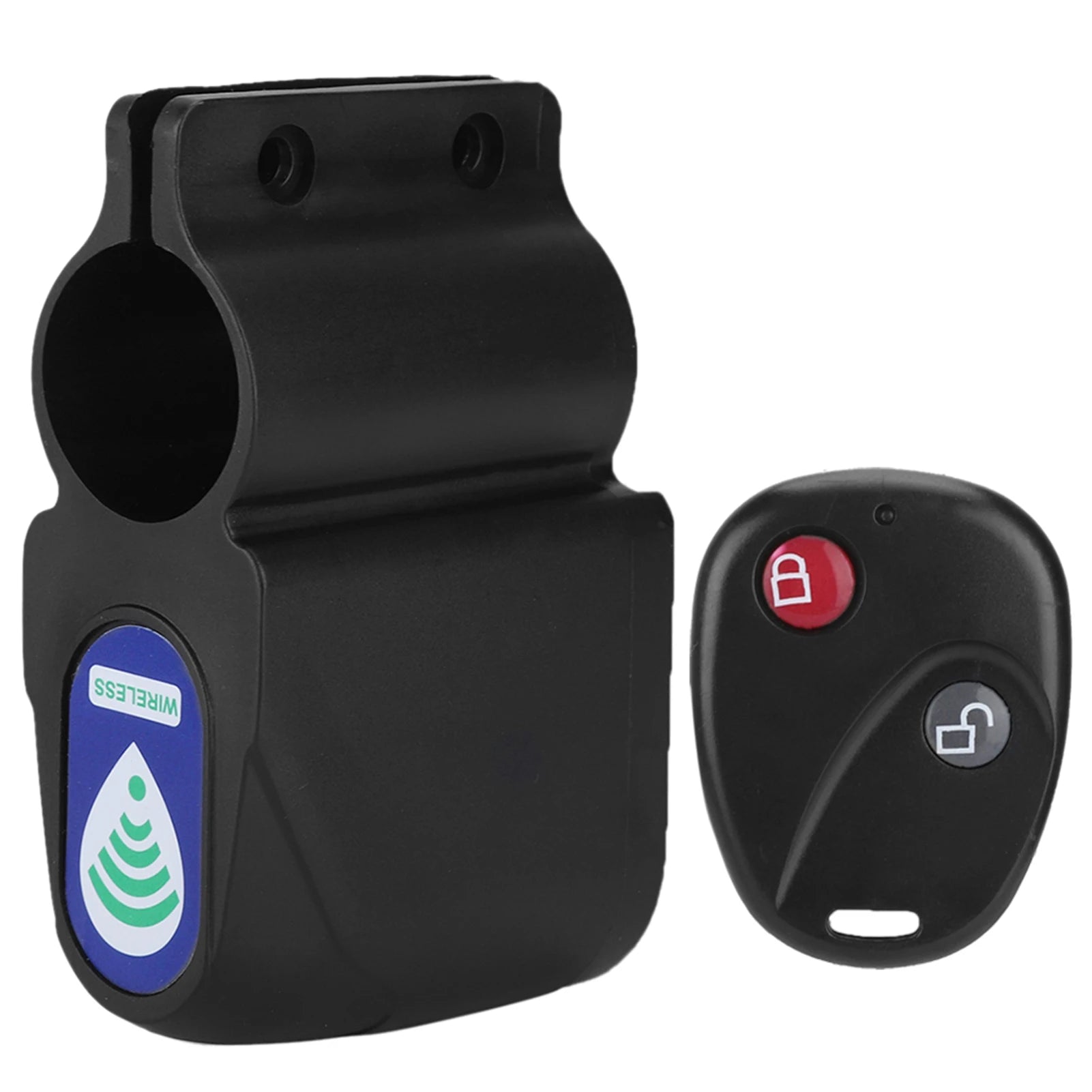 Black plastic wireless bike alarm lock with a remote control featuring lock and unlock buttons.