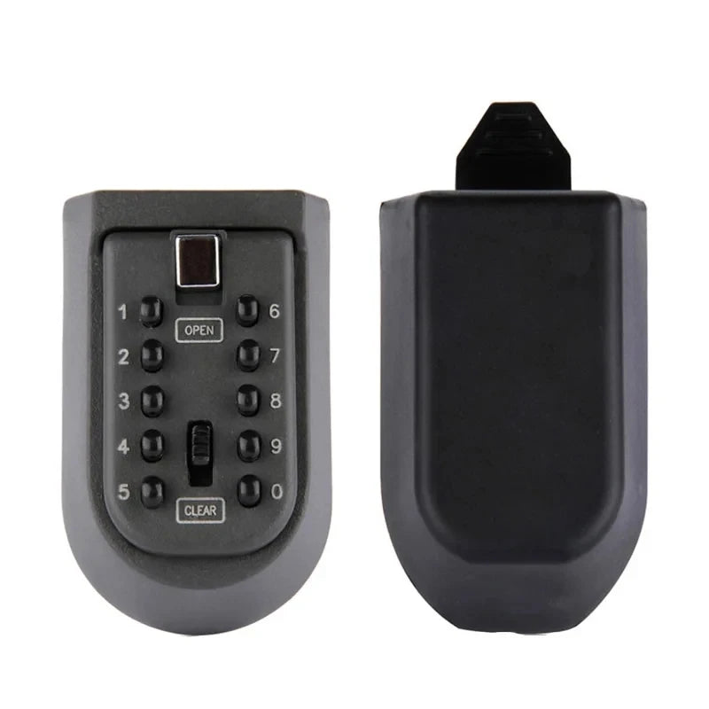 Grey wall-mounted key lock box with a push-button keypad numbered 0-9 and protective cover.