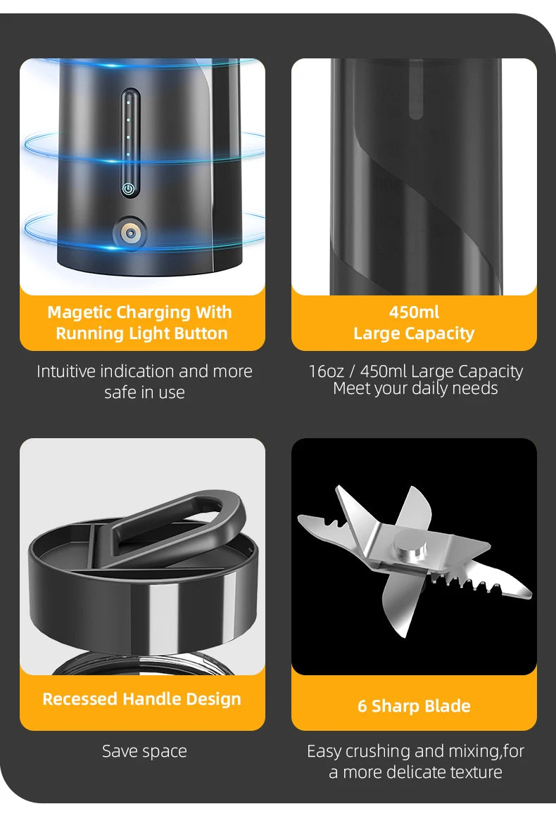 Four panels showing a portable black blender with magnetic charging, 450ml capacity, handle, and 6-blade system.