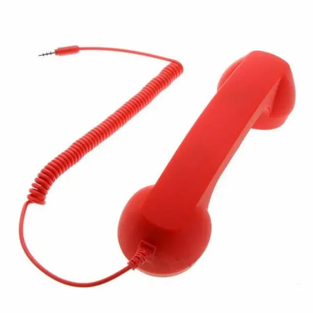 Bright red retro-style telephone handset with a matching coiled cord and a 3.5mm jack plug.