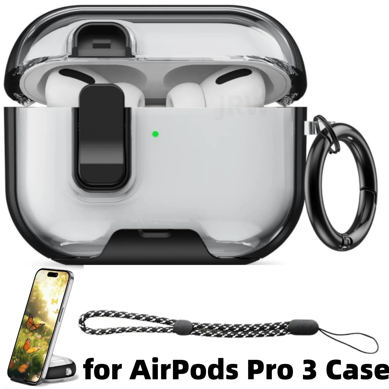 Clear protective case for AirPods Pro, featuring black trim, secure locking latch, and a matching carabiner and lanyard.