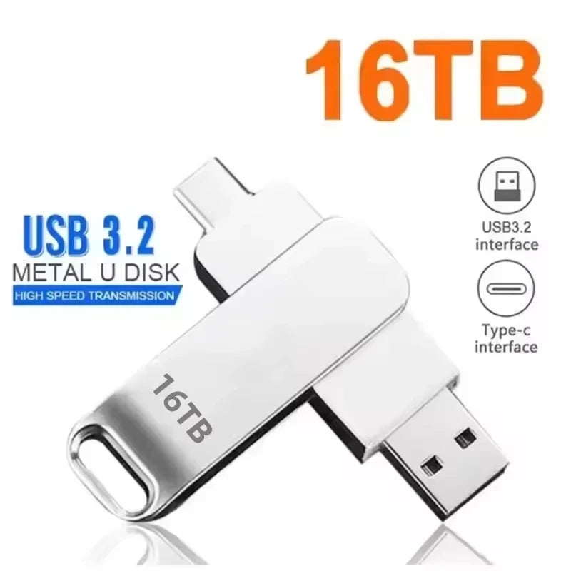 A silver metal, high-speed 16TB USB flash drive featuring both USB-A and USB-C connectors for dual connectivity.
