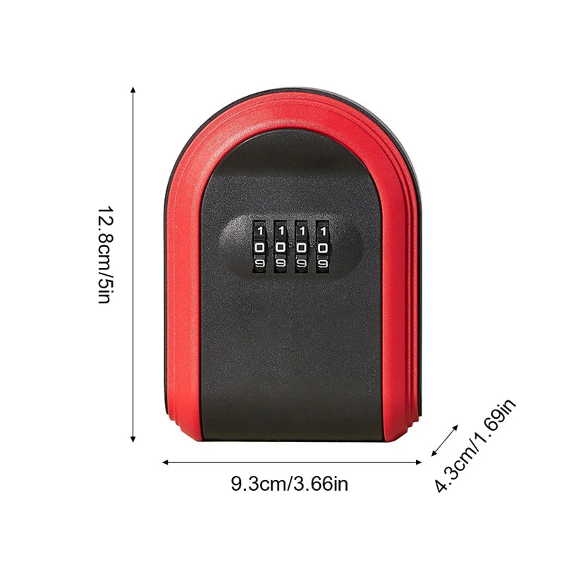 Black and red plastic wall-mounted key lock box with a four-digit combination dial and labeled measurements.