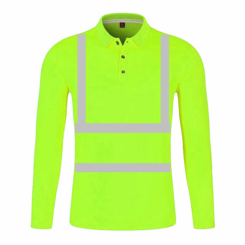 Long-sleeve high-visibility yellow polo shirt with reflective silver stripes and a three-button collar.
