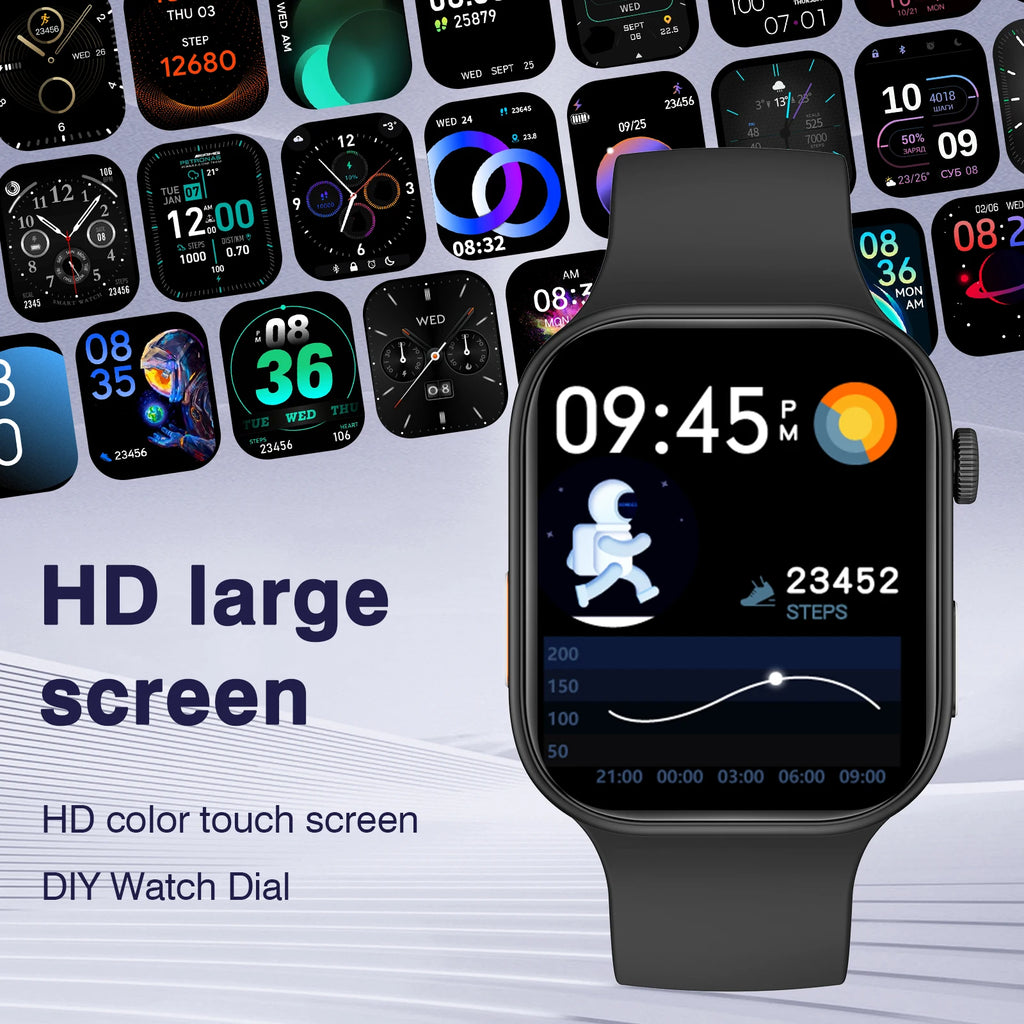 Black smartwatch with a large 2.02-inch HD colour touchscreen showing fitness data, surrounded by customisable dials.