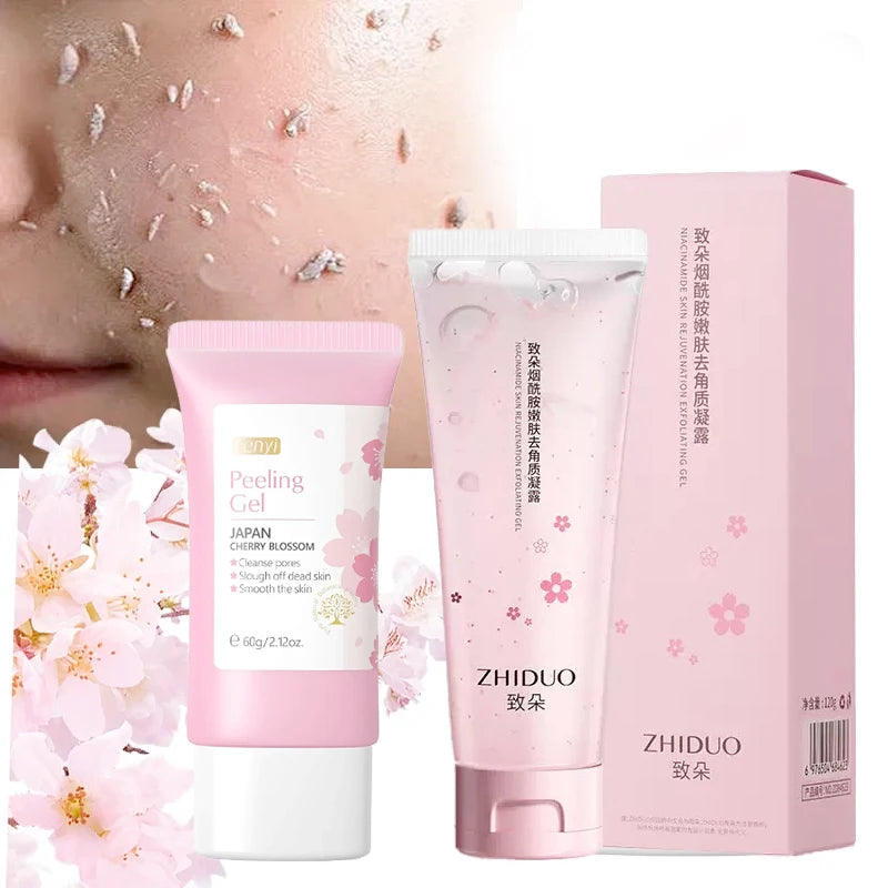 Two tubes of pink cherry blossom exfoliating peeling gel with their packaging and a close-up of skin treatment.