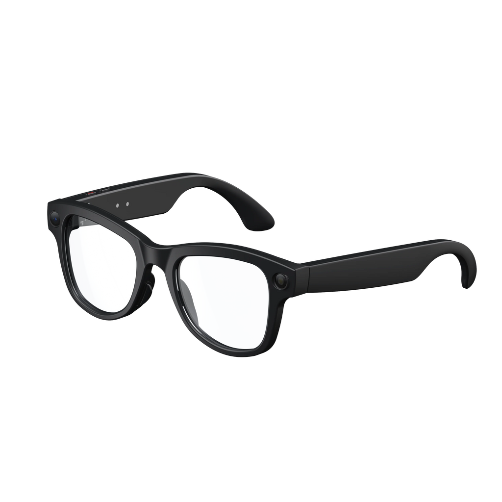 Black smart glasses with thick frames, integrated camera lenses, and Bluetooth audio capability on a black background.