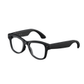Black smart glasses with thick frames, integrated camera lenses, and Bluetooth audio capability on a black background.