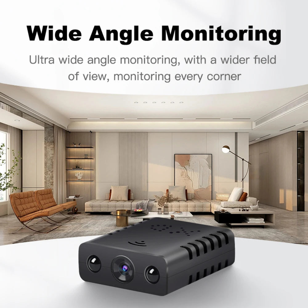Black rectangular plastic wide-angle security camera with multiple lenses and side ventilation slats.