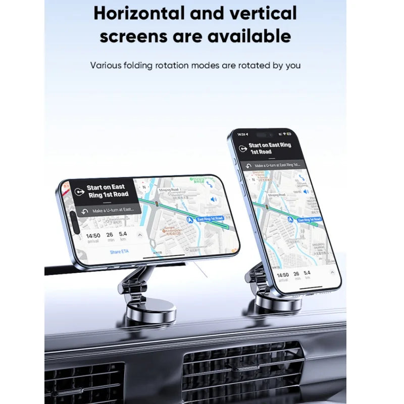 Silver magnetic car phone mount on a dashboard, displaying smartphones in both landscape and portrait orientations.