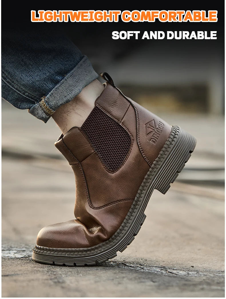 Brown leather safety boot with elastic side gore, ridged rubber sole, and steel toe cap worn on foot.