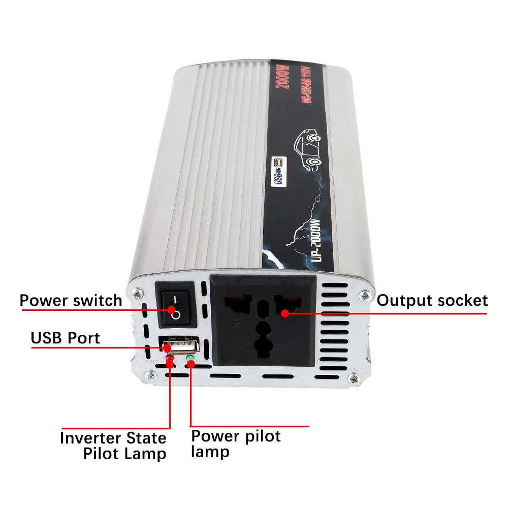 Silver 2000W car power inverter with a black output socket, USB port, power switch, and indicator lights.