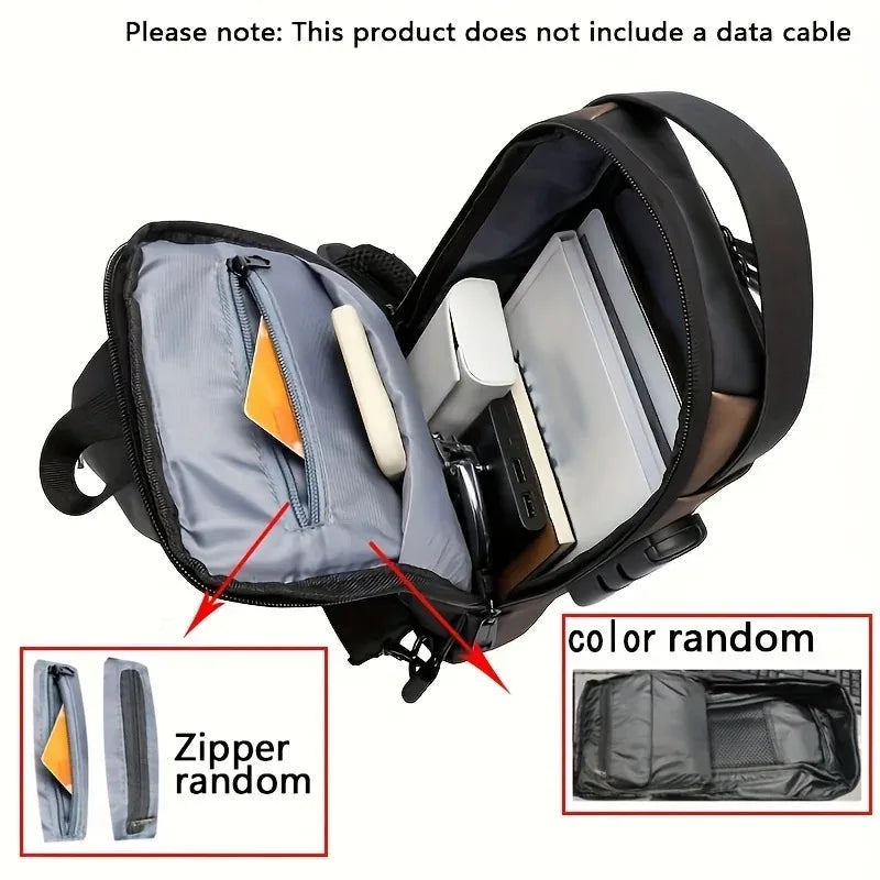 Open black waterproof crossbody sling bag showing internal compartments, pockets, and space for daily essentials.