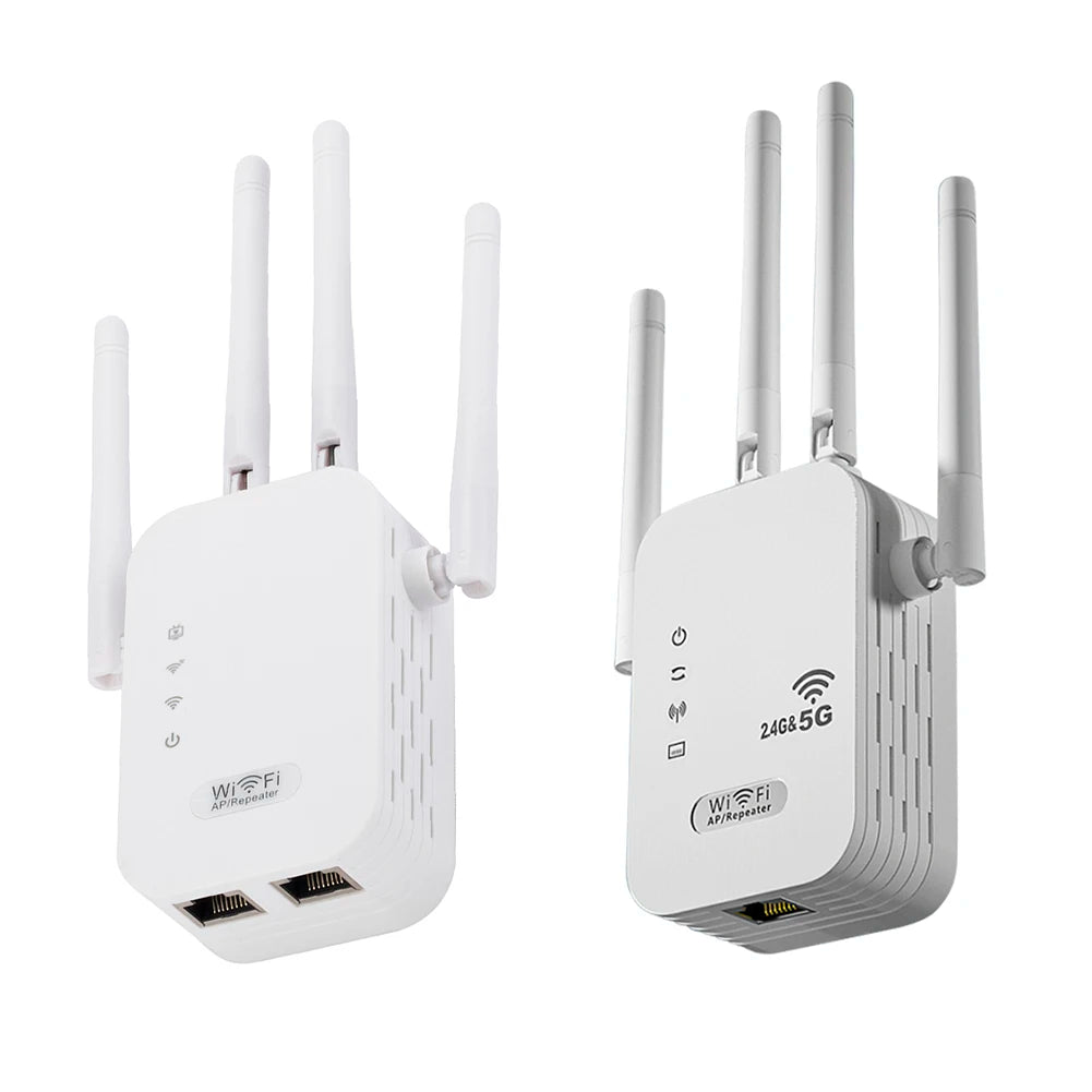 Two white dual-band WiFi repeaters with four adjustable antennas, signal lights and Ethernet ports.