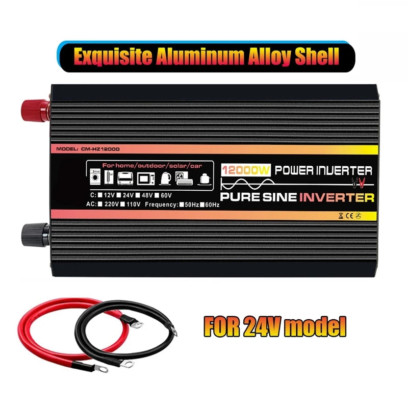 Black 12000W pure sine wave power inverter with an aluminium alloy casing, including red and black connection cables.