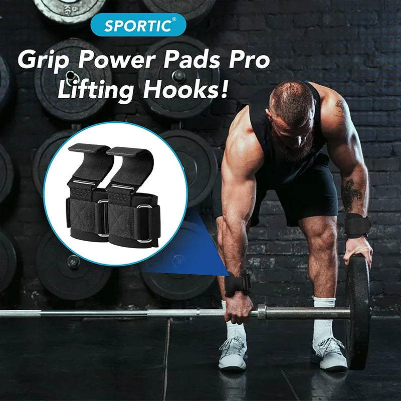 Black weightlifting hook straps with adjustable wrist supports, shown in a gym setting.