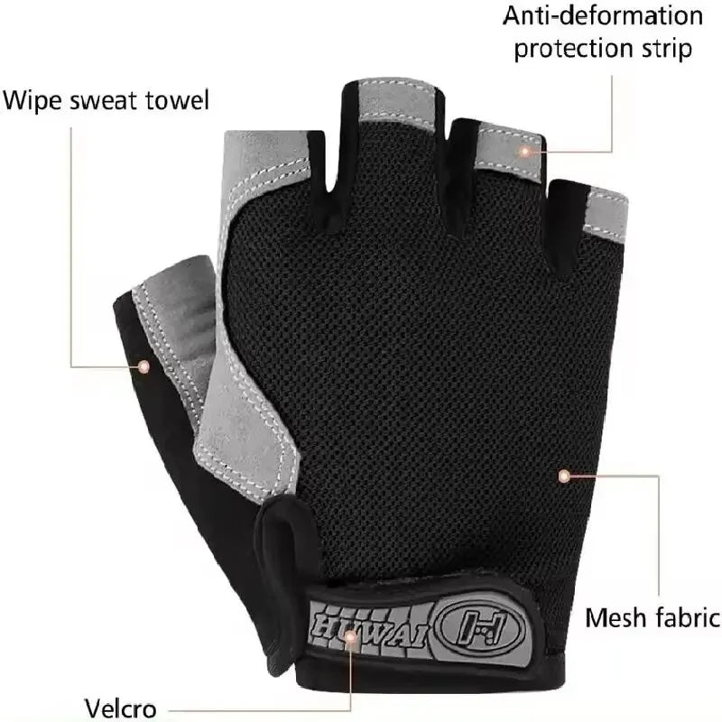 Fingerless black and grey cycling gloves with mesh fabric, sweat-wipe detail, and velcro wrist strap.