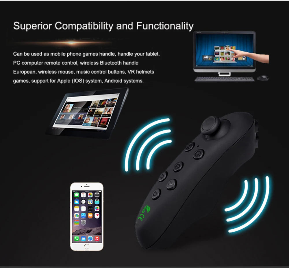 Black, ergonomic wireless Bluetooth controller with a joystick and function buttons, displayed with phone and tablet.