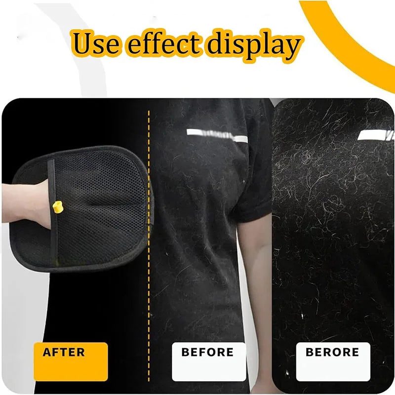 A black mesh lint remover mitt showing before and after results on a pet hair-covered black t-shirt.