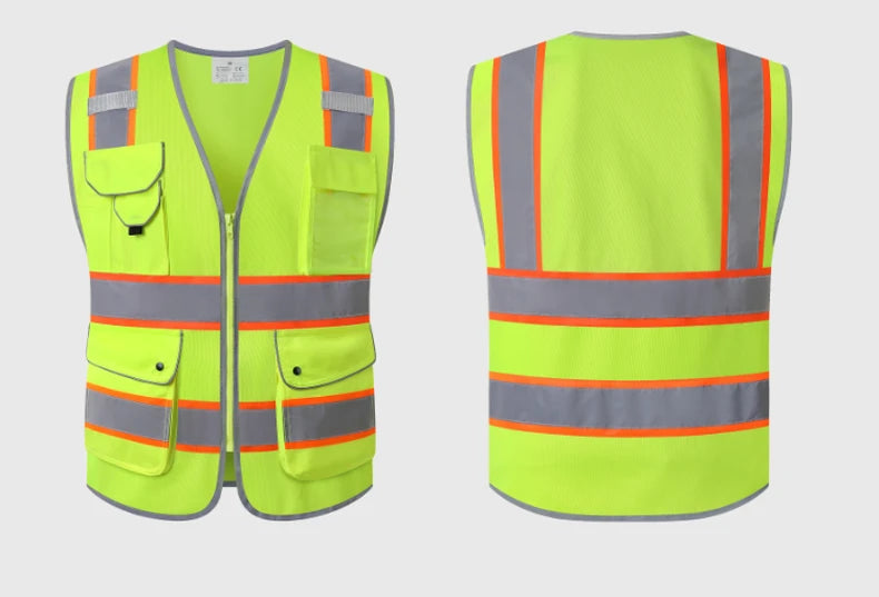 Hi-vis yellow utility vest with reflective strips, front pockets, and zip fastening, shown from front and back.