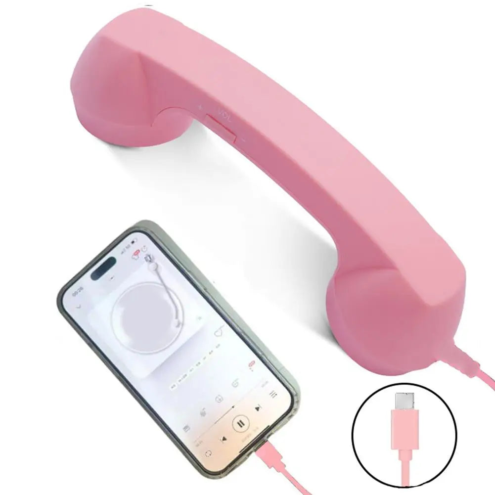Pink retro-style telephone handset for smartphones, featuring volume control and a USB-C connector.