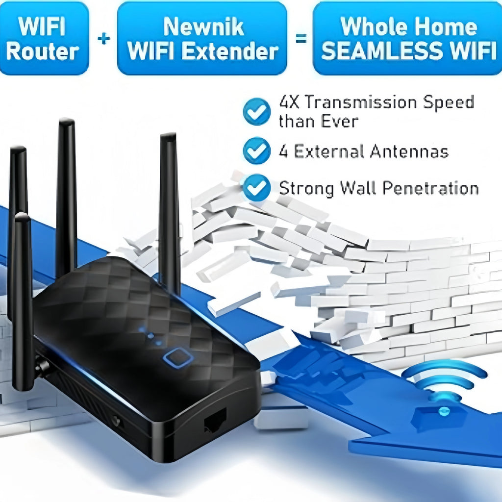 Black WiFi range extender with four external antennas, featuring a textured design and blue indicator light.