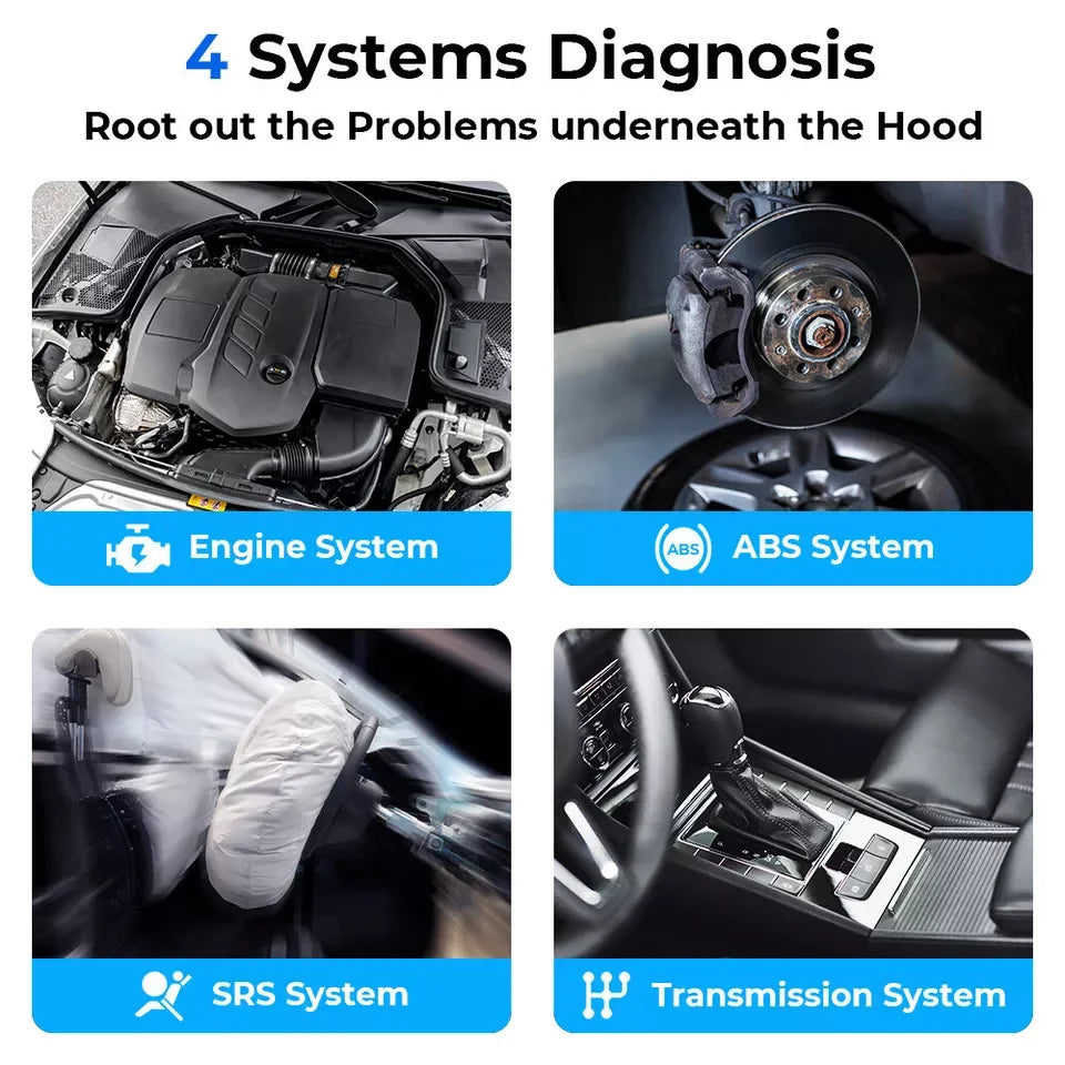 Topdon ArtiDiag500 diagnostic scanner showing four car systems: engine, ABS, SRS airbag, and transmission.