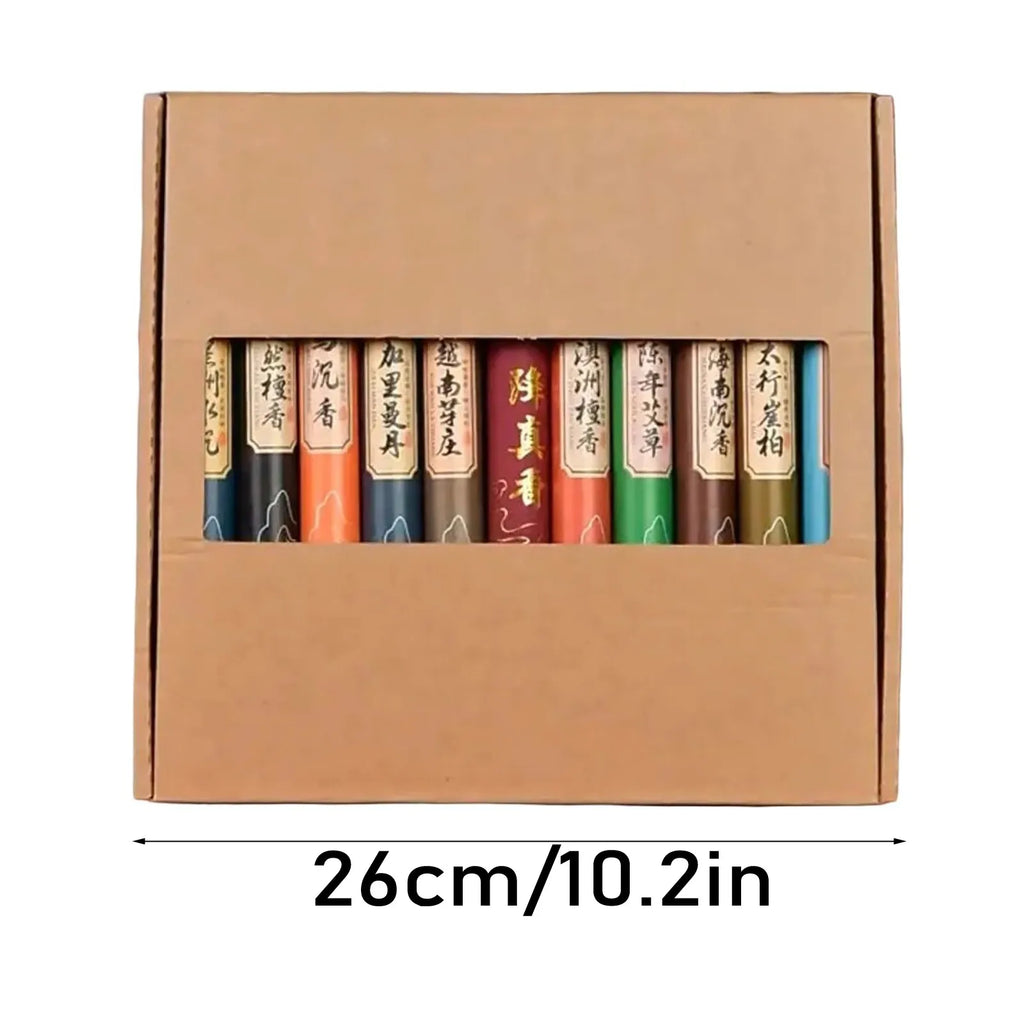 Cardboard gift box containing a collection of colourful incense sticks with traditional Asian labels.