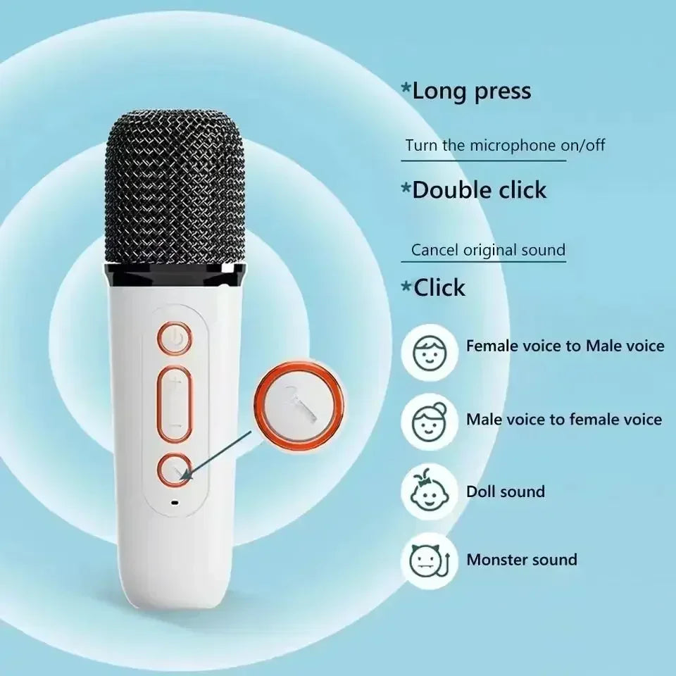 White wireless karaoke microphone with a black mesh head and control buttons for voice effects and sound settings.