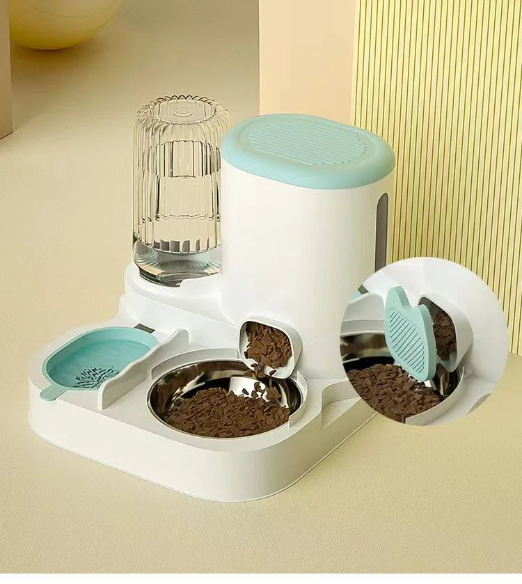 White and pastel blue automatic pet feeder with a water bottle and stainless steel food bowl for cats and dogs.
