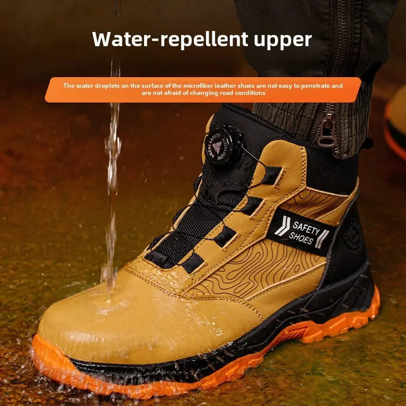 Waterproof brown and black high-top safety work boot with a rotating lace dial and steel toe cap.