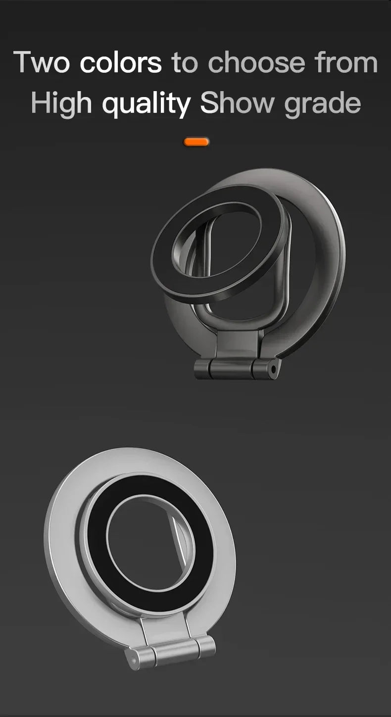 Two circular phone ring holders in silver and black metal, featuring a folding design for a phone grip or stand.