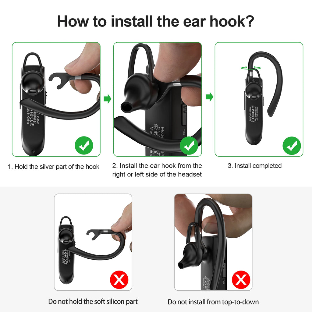 A step-by-step guide showing how to correctly attach the ear hook to a sleek, black wireless business headset.