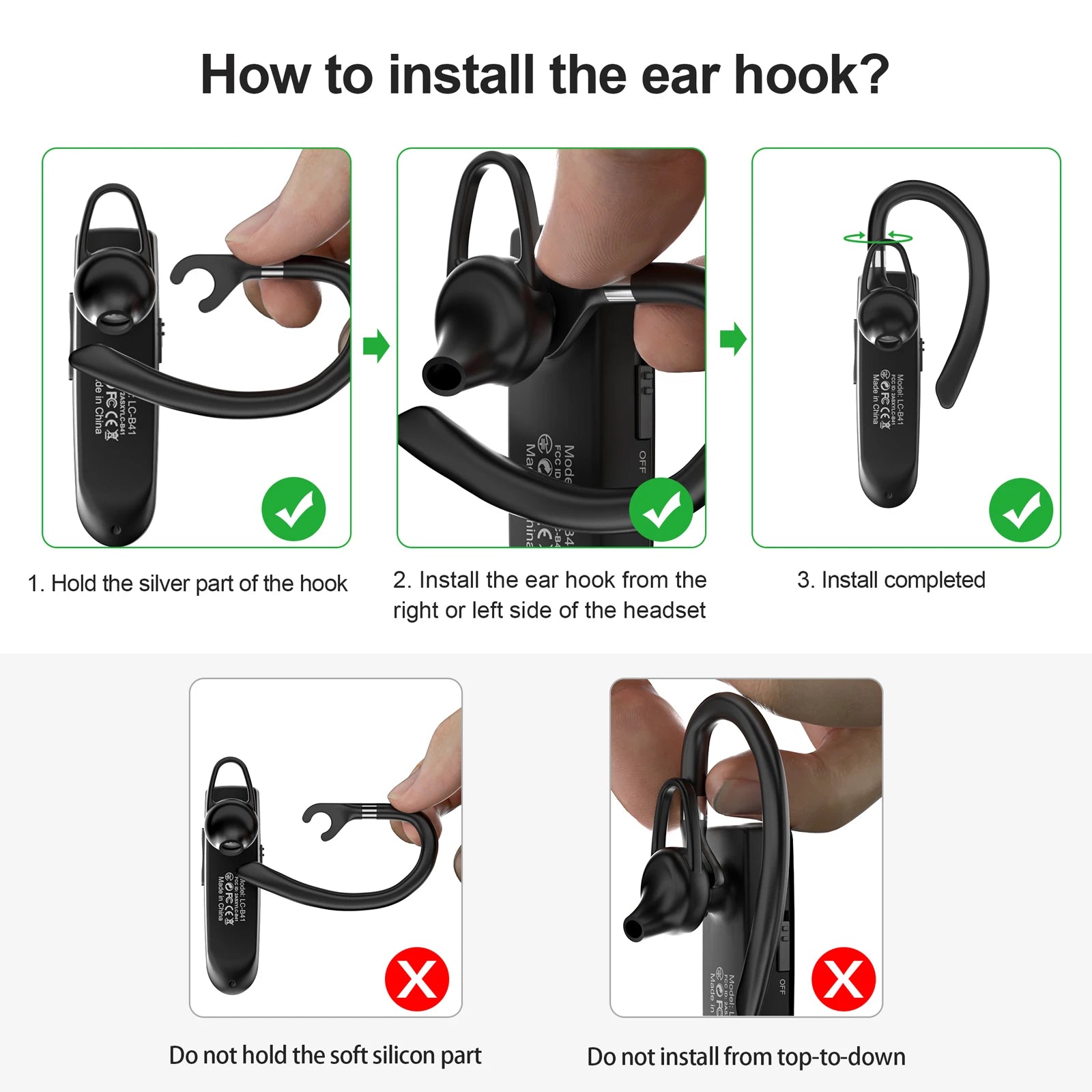 A step-by-step guide showing how to correctly attach the ear hook to a sleek, black wireless business headset.